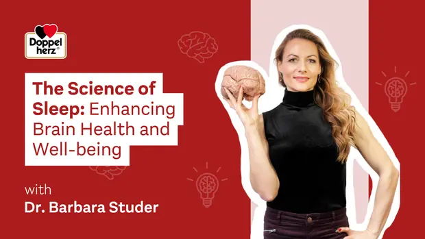 Une femme tient un modèle de cerveau tout en présentant un sujet sur les bienfaits du sommeil pour la santé cérébrale et le bien-être. Le texte indique que cela se déroule avec Dr. Barbara Studer, sponsorisé par Doppelherz.