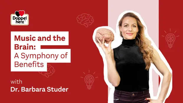 Une femme souriante tient un cerveau en modèle, avec un fond rouge. Le texte indique que la présentation, animée par le Dr Barbara Studer, explore le lien entre la musique et le cerveau, soulignant ses nombreux bienfaits.