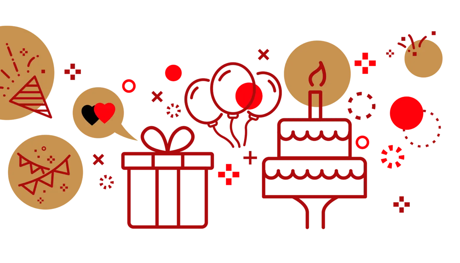 100 years of Doppelherz. The image features a festive scene with a birthday cake topped with a candle, a wrapped gift, and colorful balloons, surrounded by celebratory decorations like confetti and party hats. It evokes a joyful celebration atmosphere.