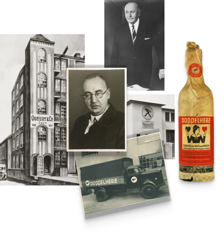 Une composition d'images illustrant l'histoire d'une entreprise. On y voit un bâtiment historique de l'entreprise, des portraits de dirigeants, un ancien véhicule de livraison, et une bouteille emblématique de produit. Les éléments reflètent l'évolution de la marque à travers le temps.