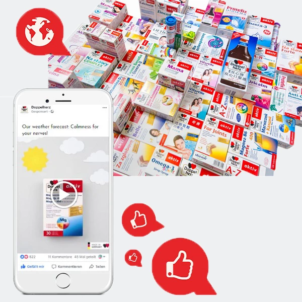 An assortment of various health supplement boxes arranged on a surface, prominently featuring the Doppelherz brand. The image also includes a smartphone displaying a social media post about a supplement, with icons for likes and comments. The overall theme suggests wellness and health support.
